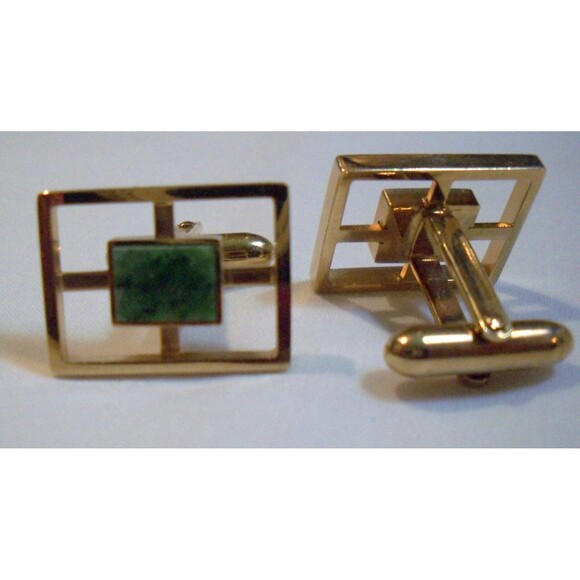 Lamode Karatclad Marbled Jade Square Stone Cufflinks Tie Clip Gold Tone Frame - Picture 5 of 7